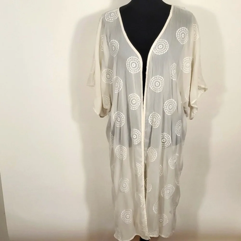 Open Front Kimono Cover-Up - Off White/Ivory - Embroidered - OSFM